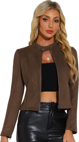 Allegra K Women's Faux Suede Jacket Stand Collar Zip Up Long Sleeve Motorcycle Biker Coat
