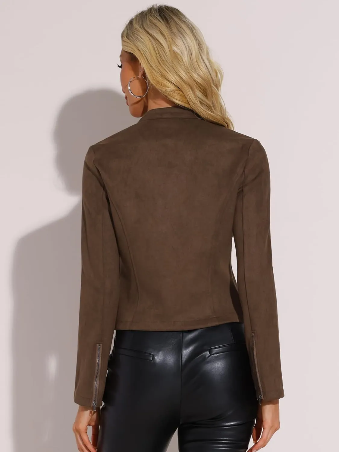 Allegra K Women's Faux Suede Jacket Stand Collar Zip Up Long Sleeve Motorcycle Biker Coat