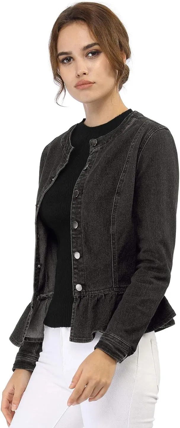 Allegra K Women's Peplum Denim Jackets Collarless Round Neck Button Down Cropped Ruffle Hem Jacket