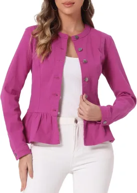 Allegra K Women's Peplum Denim Jackets Collarless Round Neck Button Down Cropped Ruffle Hem Jacket