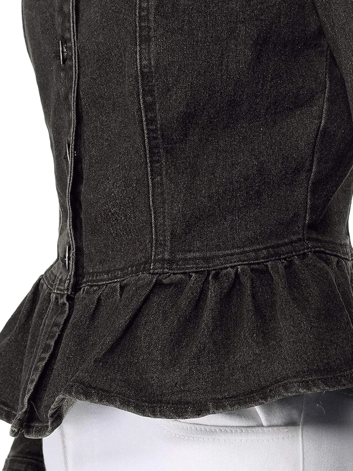 Allegra K Women's Peplum Denim Jackets Collarless Round Neck Button Down Cropped Ruffle Hem Jacket