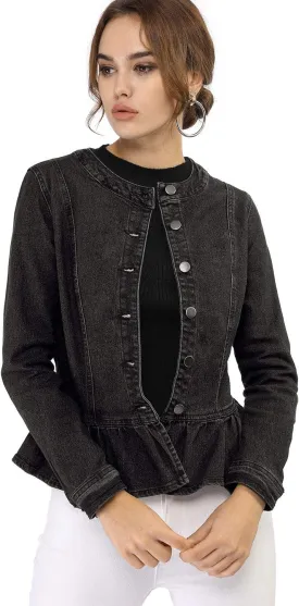 Allegra K Women's Peplum Denim Jackets Collarless Round Neck Button Down Cropped Ruffle Hem Jacket