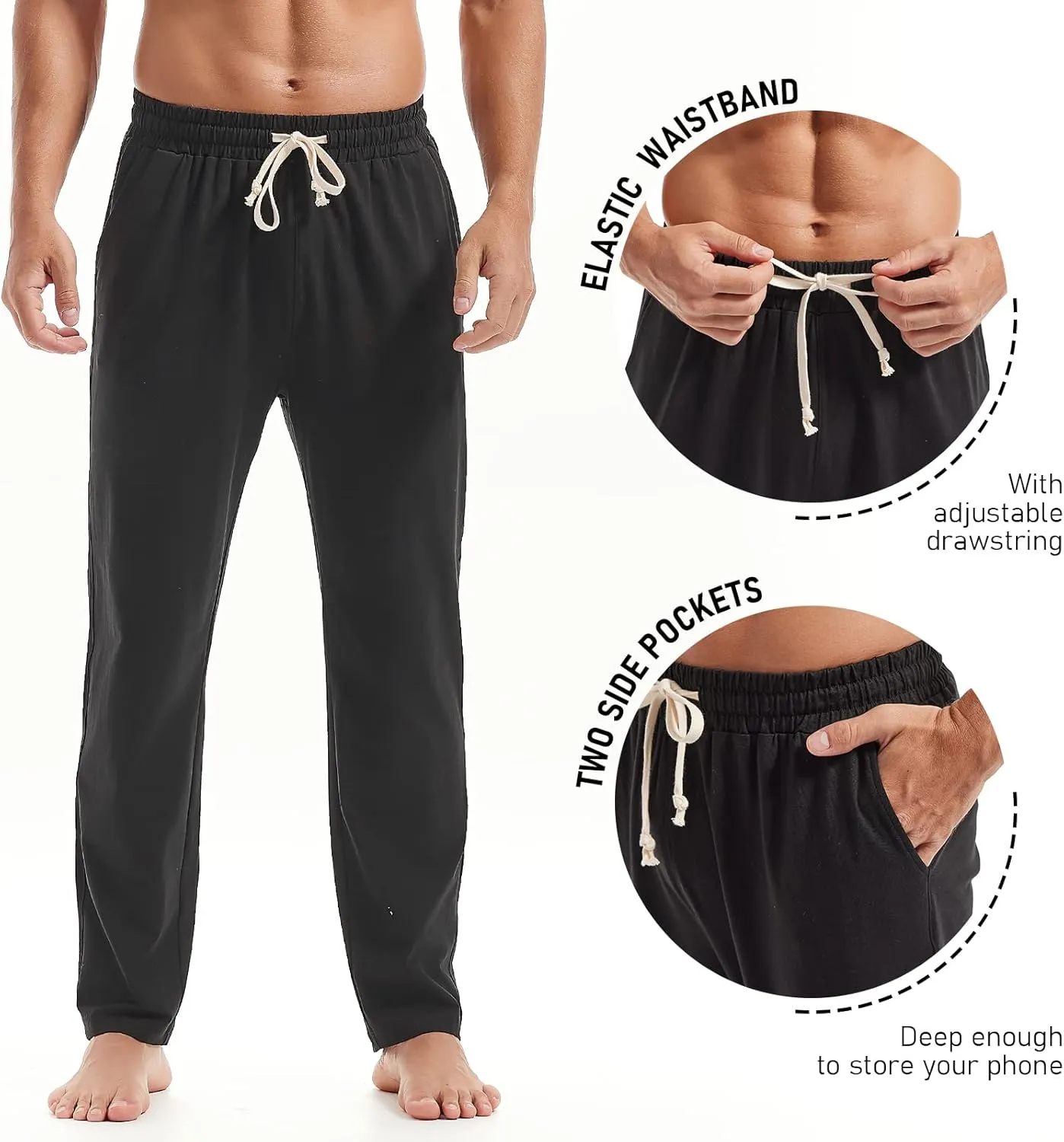 AMY COULEE Mens Cotton Yoga Pants Running Workout Lightweight Sweatpants Open Bottom Lounge Pants with Pockets