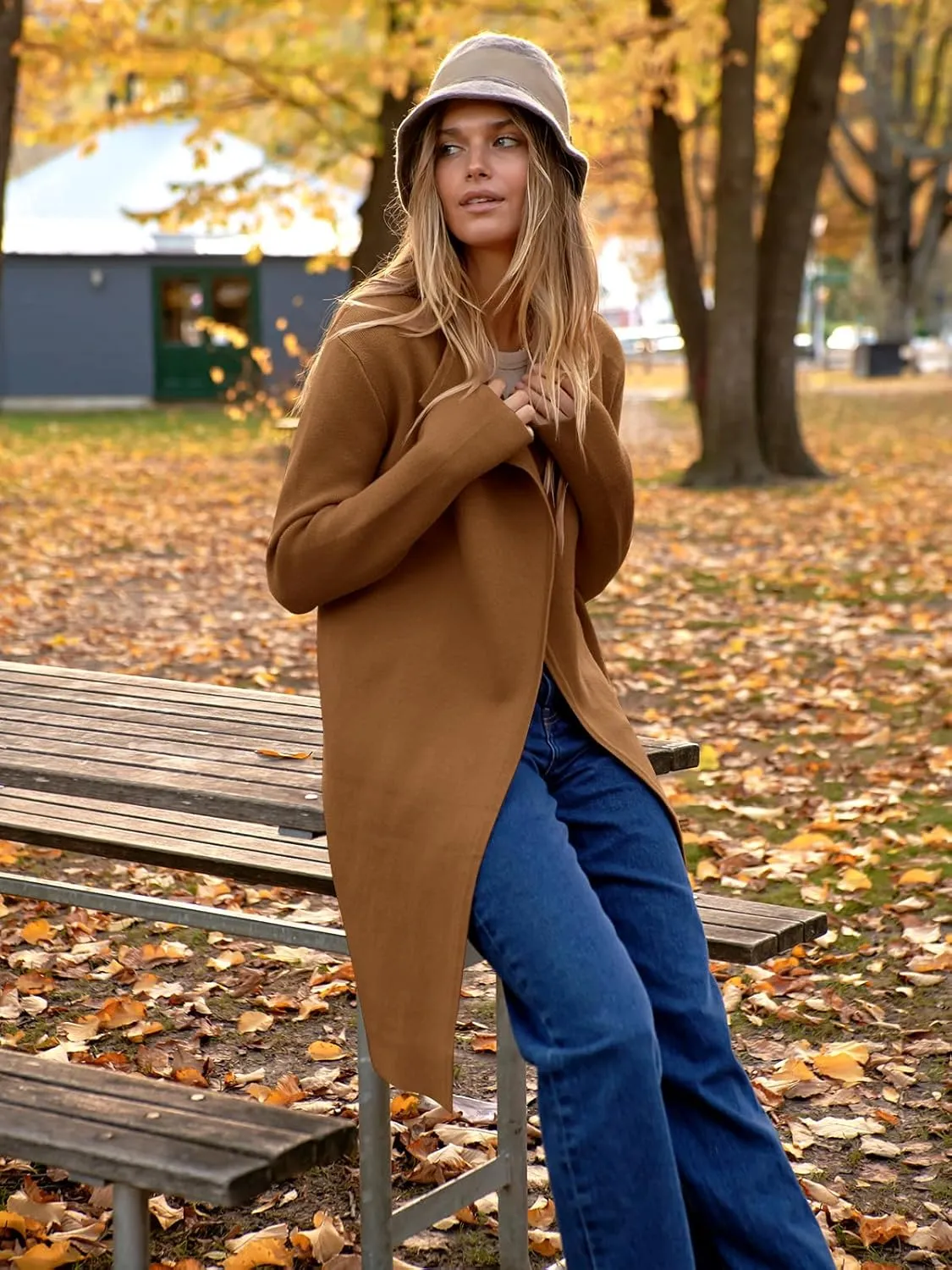 ANRABESS Women's Long Cardigans Sweater 2025 Fall Casual Lapel Open Front Knit Warm Wool Coatigan Oversized Jacket Coat