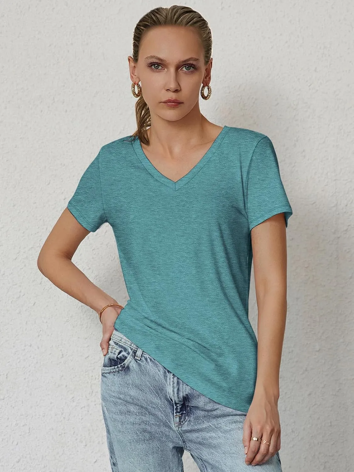 ATHMILE Womens Tops Shirts for Women Short Sleeve V Neck Tee Summer Fashion Trendy Soft Casual Spring Clothes Outfits Beach