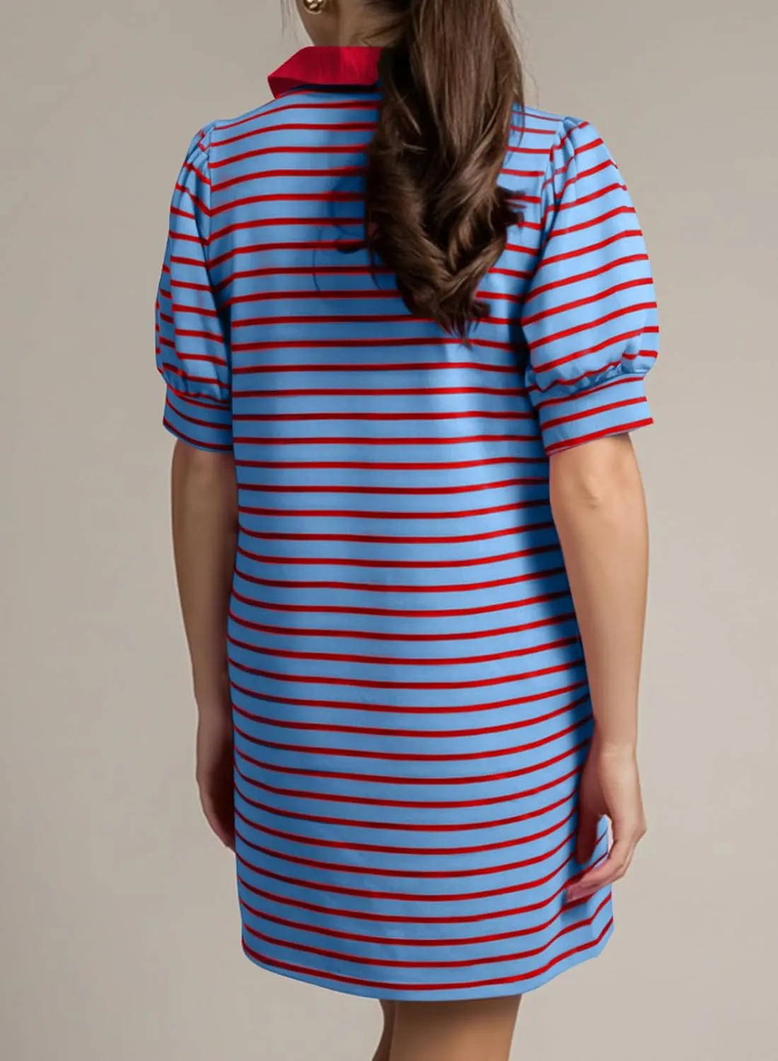 BLENCOT Women's Casual Polo V Neck T Shirt Striped Dress Summer Puff Short Sleeve MIdi Dresses