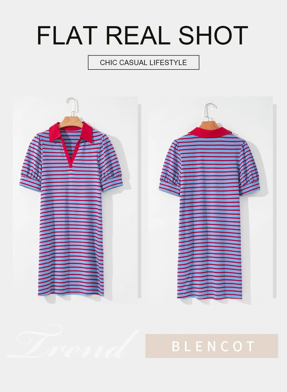 BLENCOT Women's Casual Polo V Neck T Shirt Striped Dress Summer Puff Short Sleeve MIdi Dresses