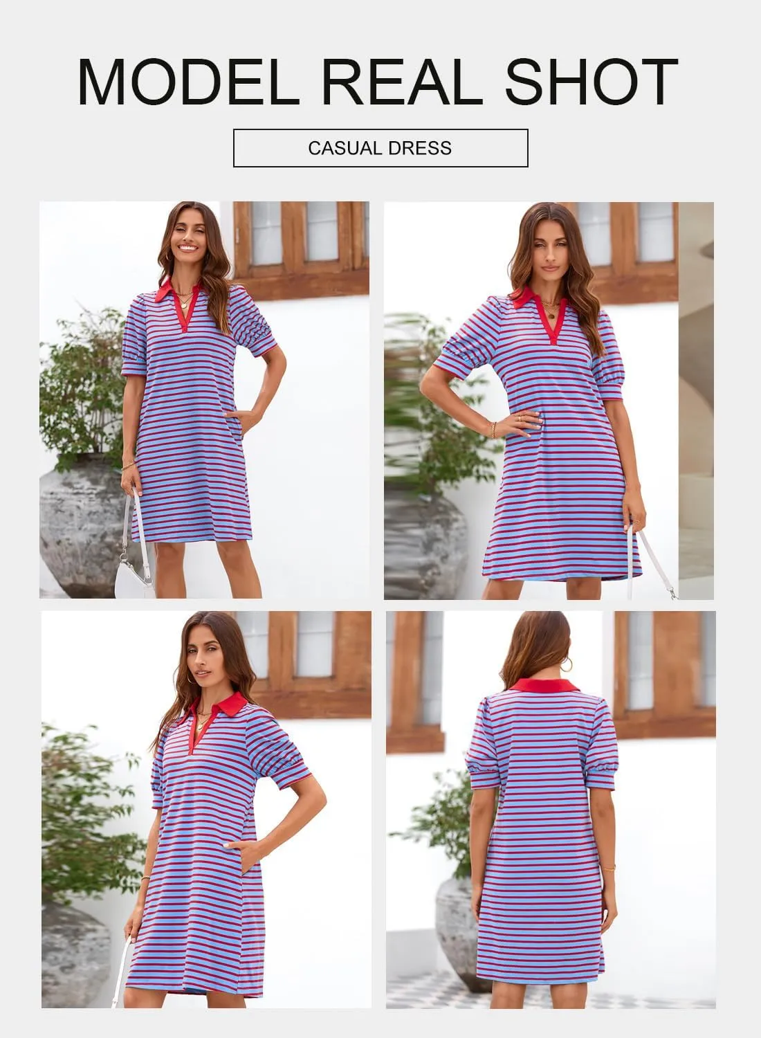 BLENCOT Women's Casual Polo V Neck T Shirt Striped Dress Summer Puff Short Sleeve MIdi Dresses