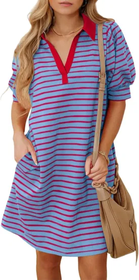 BLENCOT Women's Casual Polo V Neck T Shirt Striped Dress Summer Puff Short Sleeve MIdi Dresses