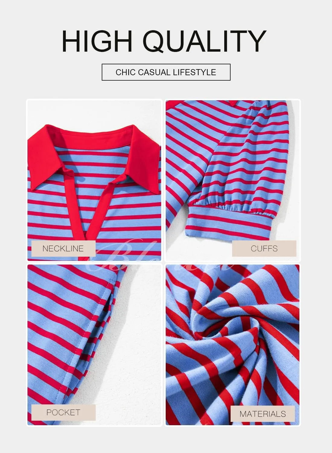 BLENCOT Women's Casual Polo V Neck T Shirt Striped Dress Summer Puff Short Sleeve MIdi Dresses