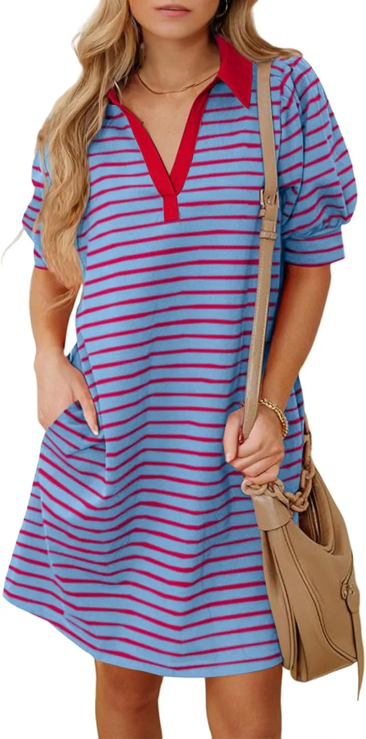 BLENCOT Women's Casual Polo V Neck T Shirt Striped Dress Summer Puff Short Sleeve MIdi Dresses