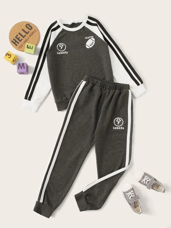 Boys Raglan Sleeve Letter Graphic Pullover & Striped Joggers Set