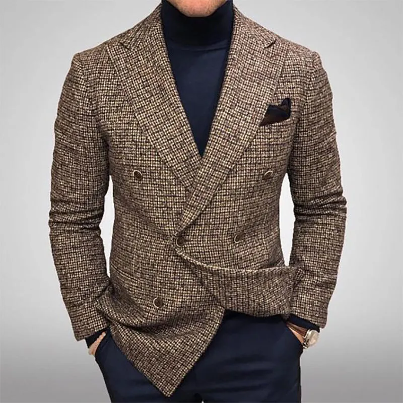 Business Plaid Notched Collar Button Pocket Long Sleeve Blazer 250199967