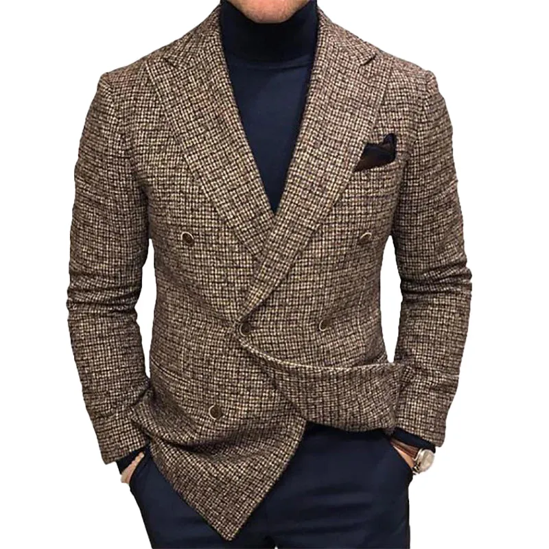 Business Plaid Notched Collar Button Pocket Long Sleeve Blazer 250199967
