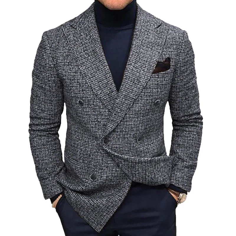 Business Plaid Notched Collar Button Pocket Long Sleeve Blazer 250199967