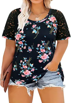 CARCOS Plus Size Tops for Women Short Sleeve Raglan Striped Tee Color Block Crewneck/V Neck Tunic Loose Fit Summer XL-5XL