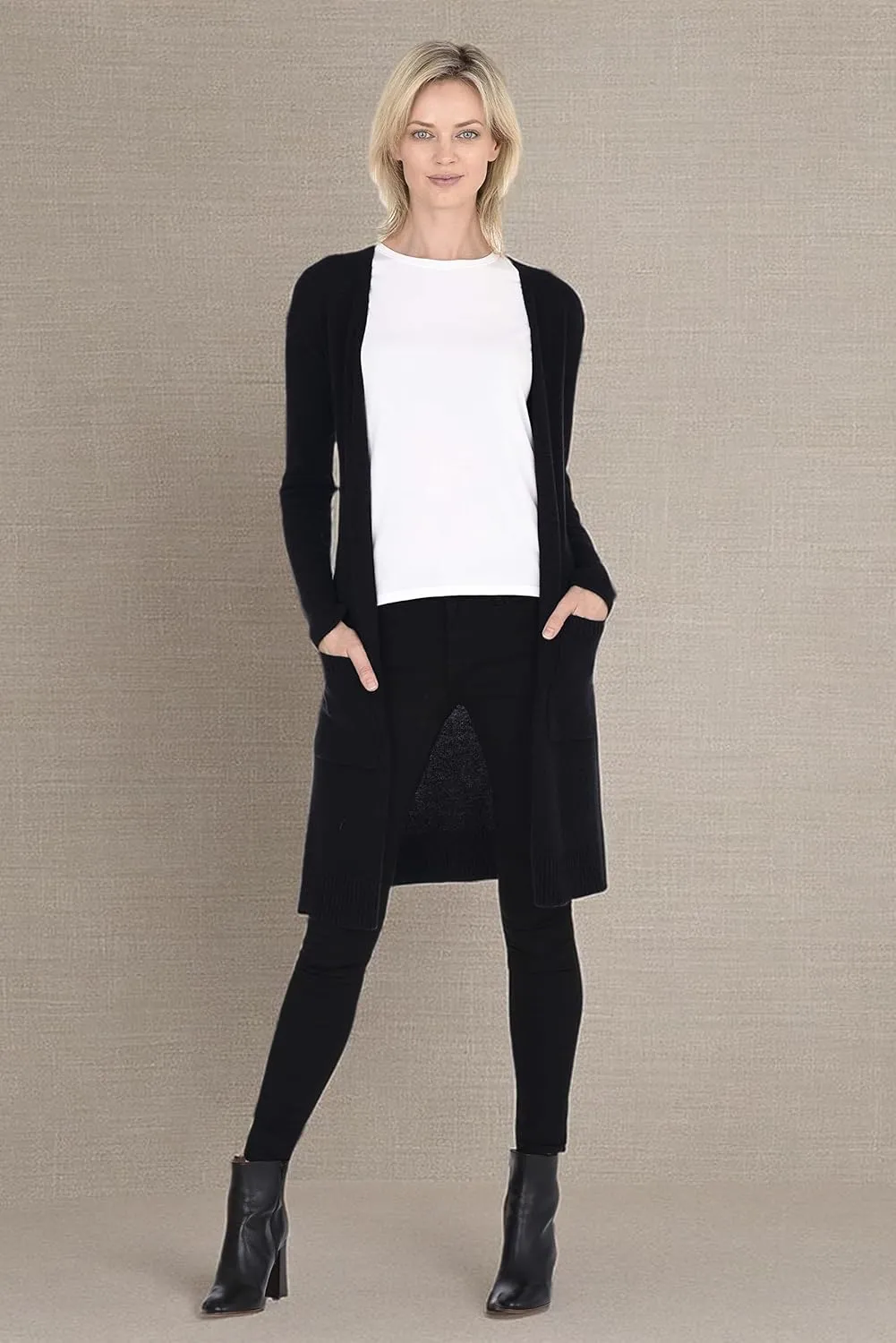 Cashmeren Mid-Length Open Cardigan 100% Cashmere Long Profile Sleeved Sweater for Women