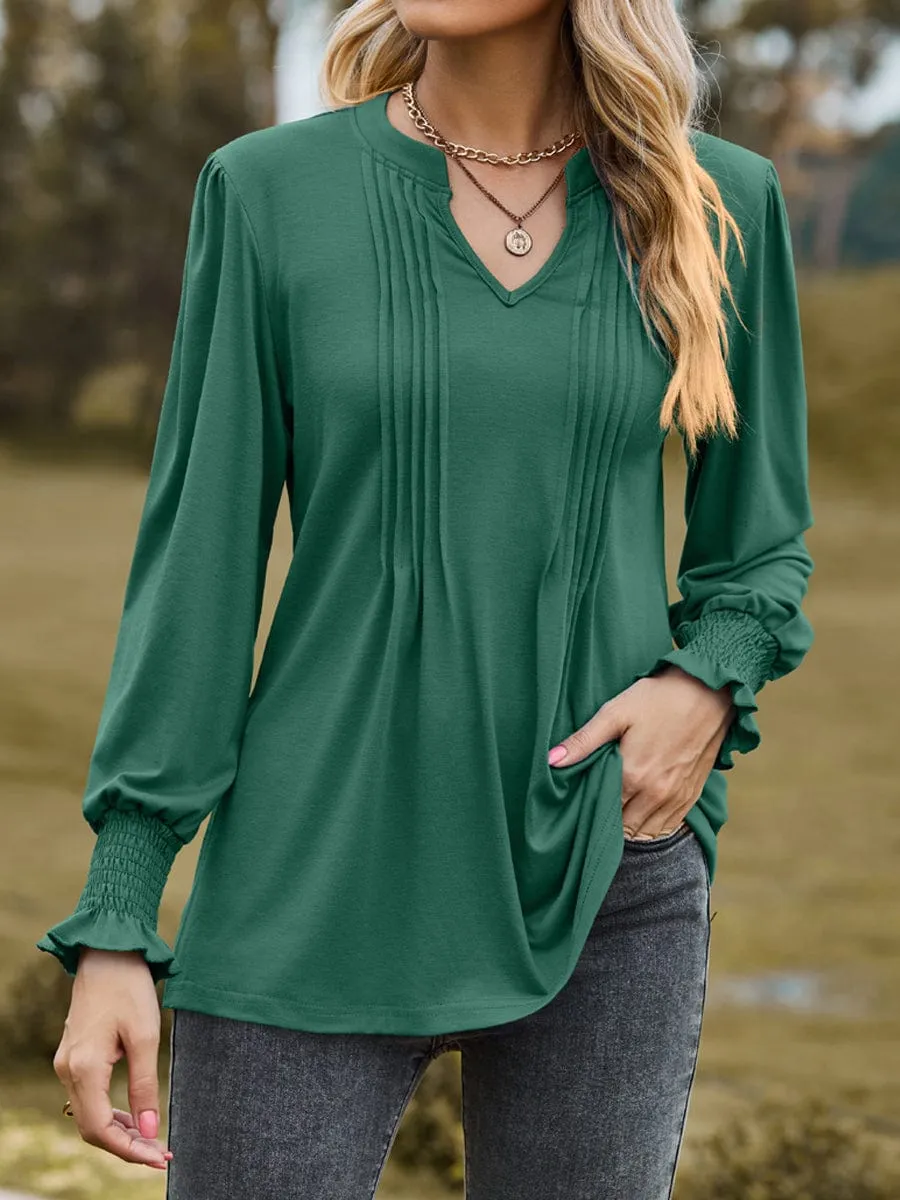 Casual Pleated V-Neck Tunic Blouse