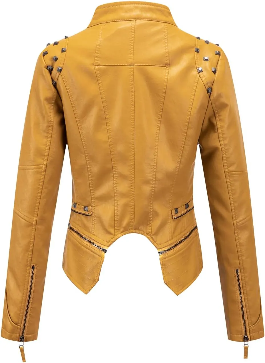 chouyatou Women's Fashion Studded Perfectly Shaping Faux Leather Biker Jacket