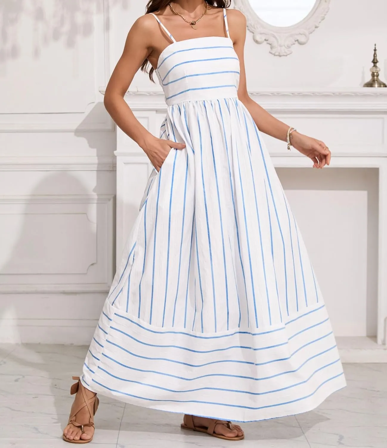 chouyatou Women's Striped Back Smocked Maxi Dress Sexy Spaghetti Strap Cut Out Flowy Swing Long Dress