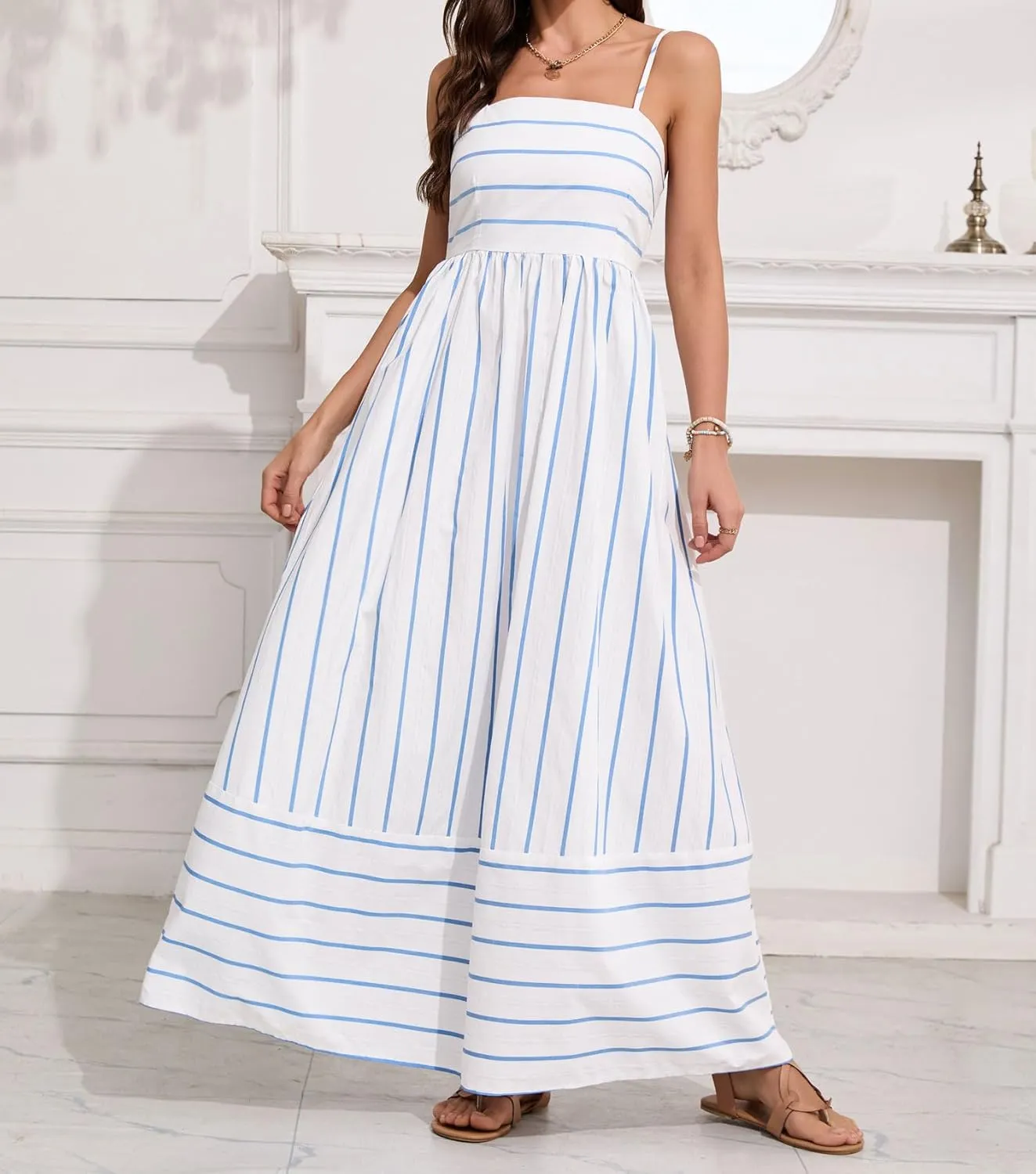 chouyatou Women's Striped Back Smocked Maxi Dress Sexy Spaghetti Strap Cut Out Flowy Swing Long Dress
