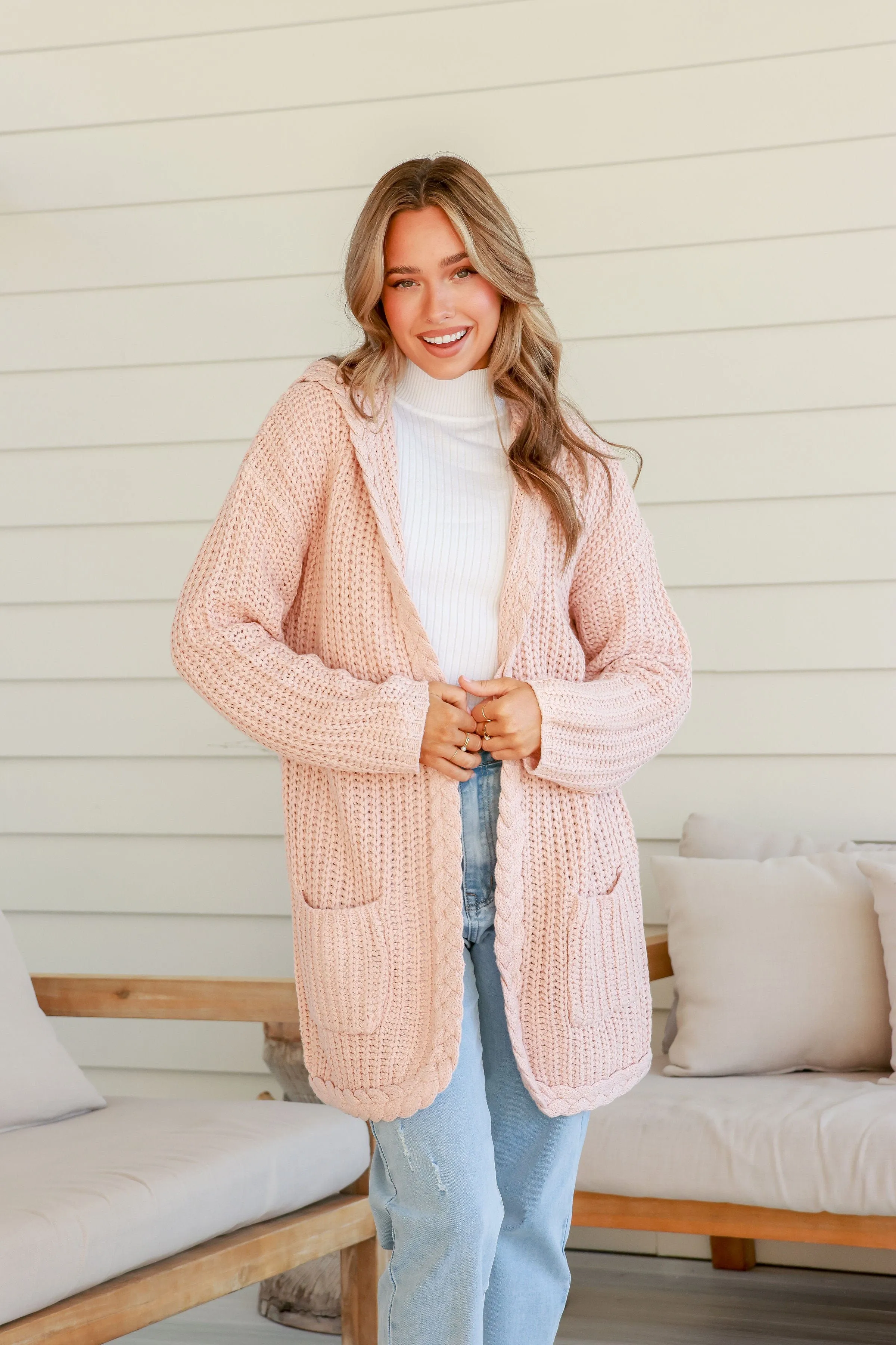 Chunky Plait Pocket Cardigan - Blush