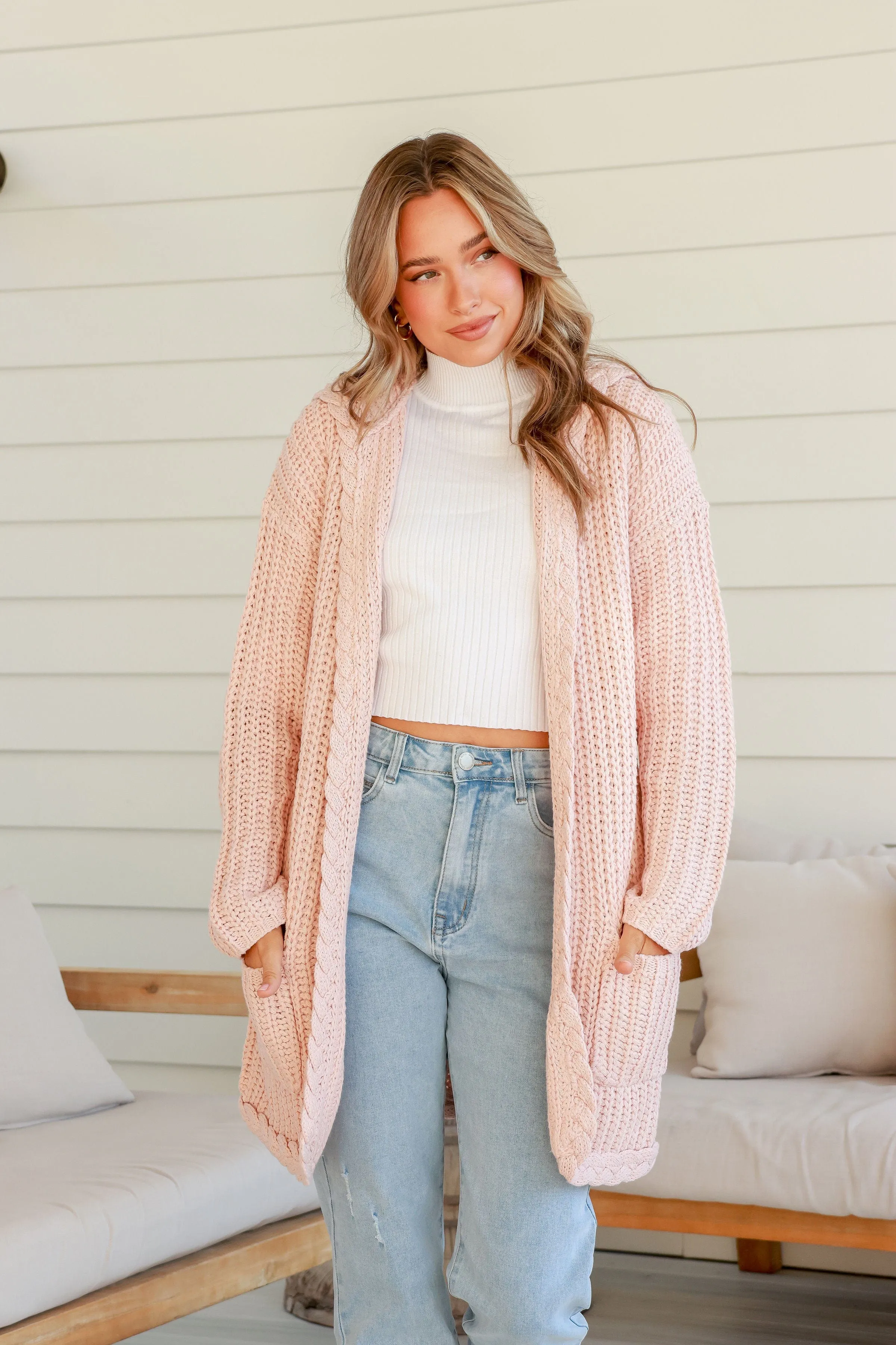 Chunky Plait Pocket Cardigan - Blush