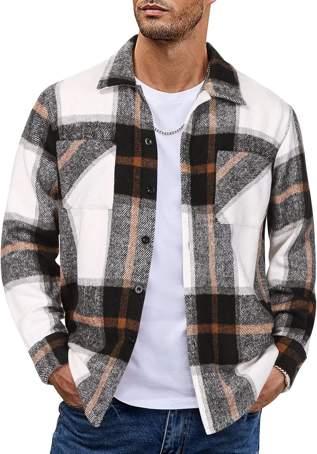 COOFANDY Men's Flannel Shirts Casual Button Down Plaid Shirt Jacket Long Sleeve Fleece Shacket with Pockets