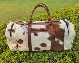 Cowhide Duffel Travel Bag Brown White