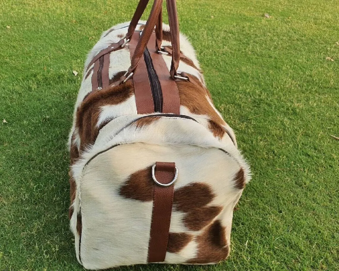 Cowhide Duffel Travel Bag Brown White