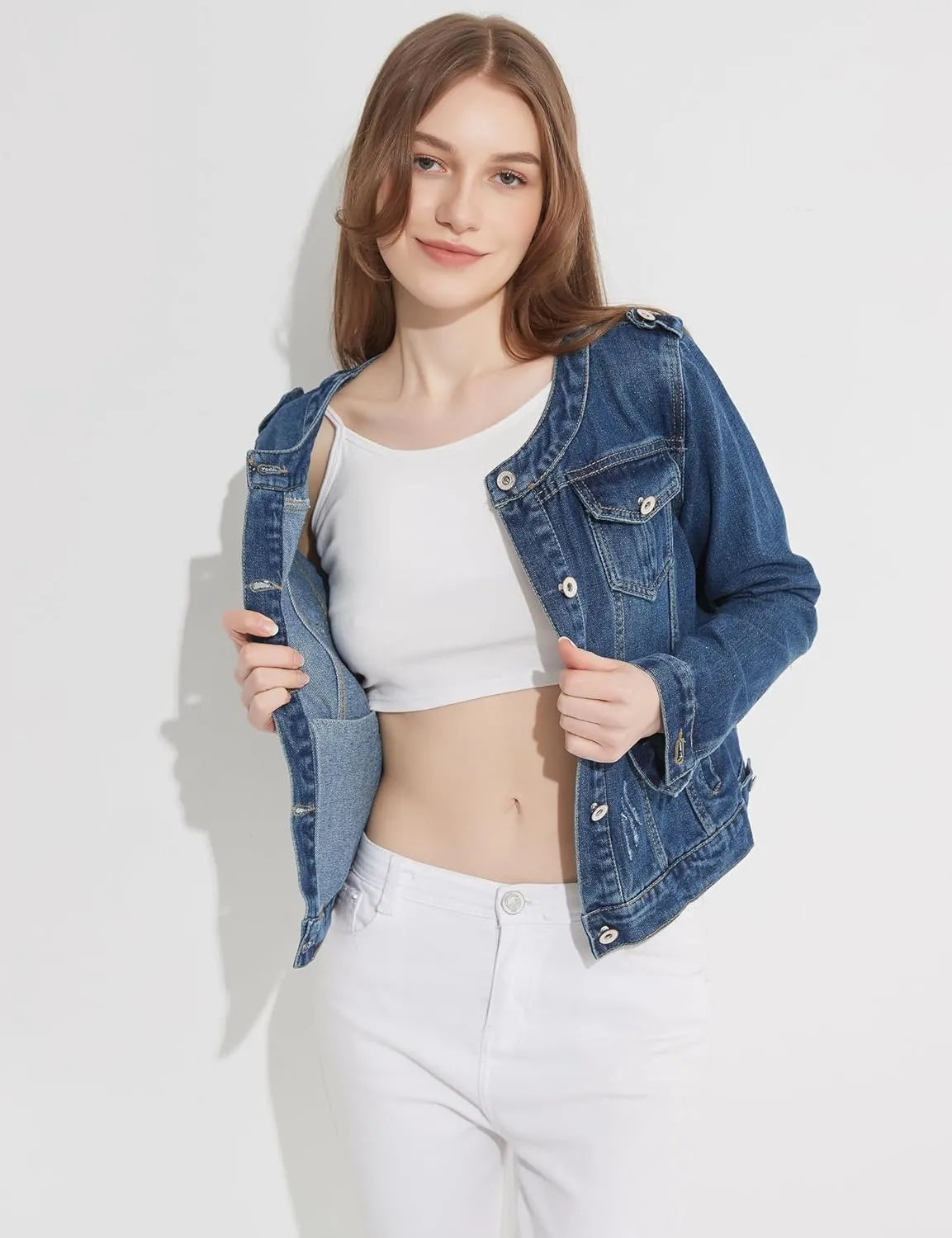 Denim Jacket For Women Jean Cropped Jacket Light Weight Soft Coat Fitted Thin Top Trendy Shacket