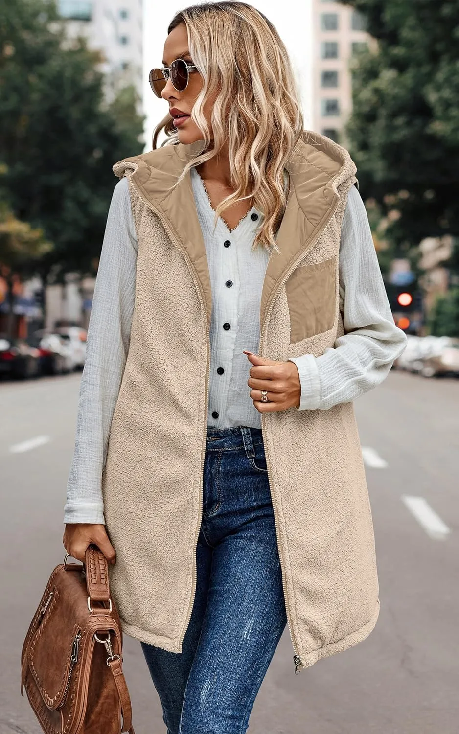 ECOWISH Women Long Puffer Vest: Fall Zip up Reversible Fleece Jacket 2024 Winter Warm Sleeveless Hooded Coat with Pockets