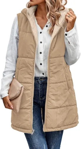 ECOWISH Women Long Puffer Vest: Fall Zip up Reversible Fleece Jacket 2024 Winter Warm Sleeveless Hooded Coat with Pockets