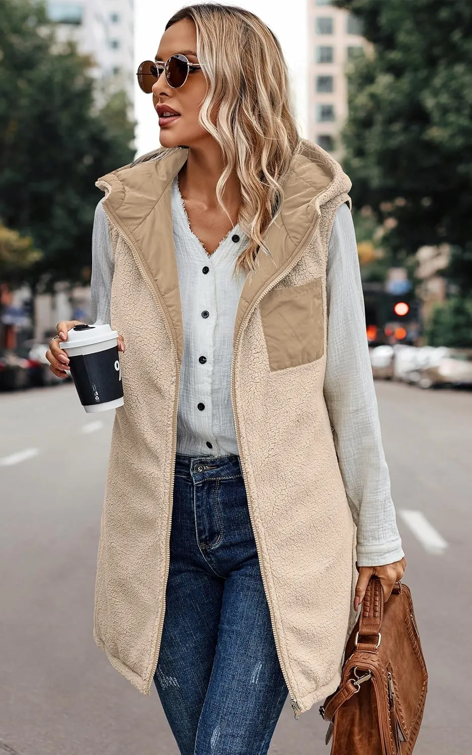 ECOWISH Women Long Puffer Vest: Fall Zip up Reversible Fleece Jacket 2024 Winter Warm Sleeveless Hooded Coat with Pockets