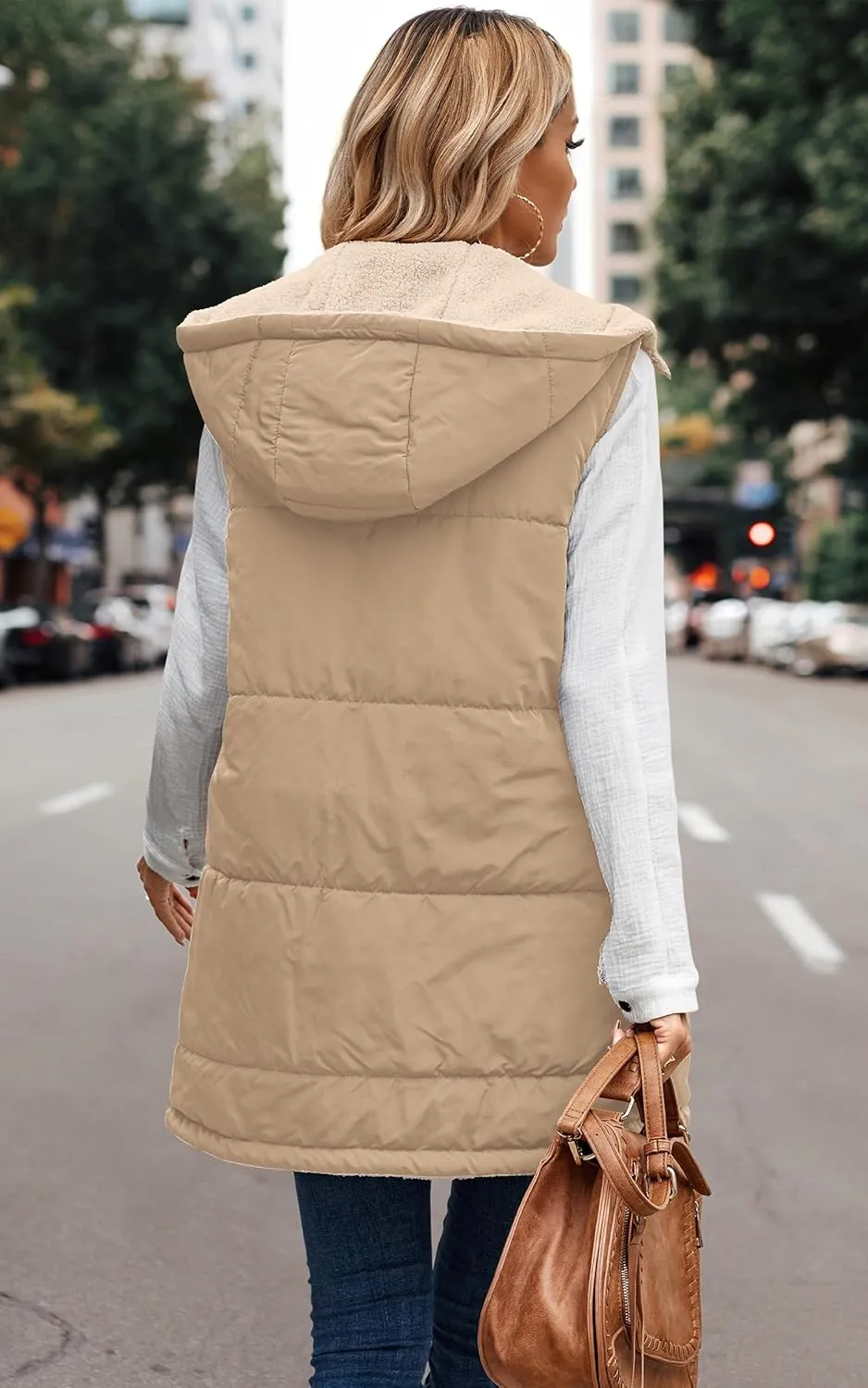 ECOWISH Women Long Puffer Vest: Fall Zip up Reversible Fleece Jacket 2024 Winter Warm Sleeveless Hooded Coat with Pockets