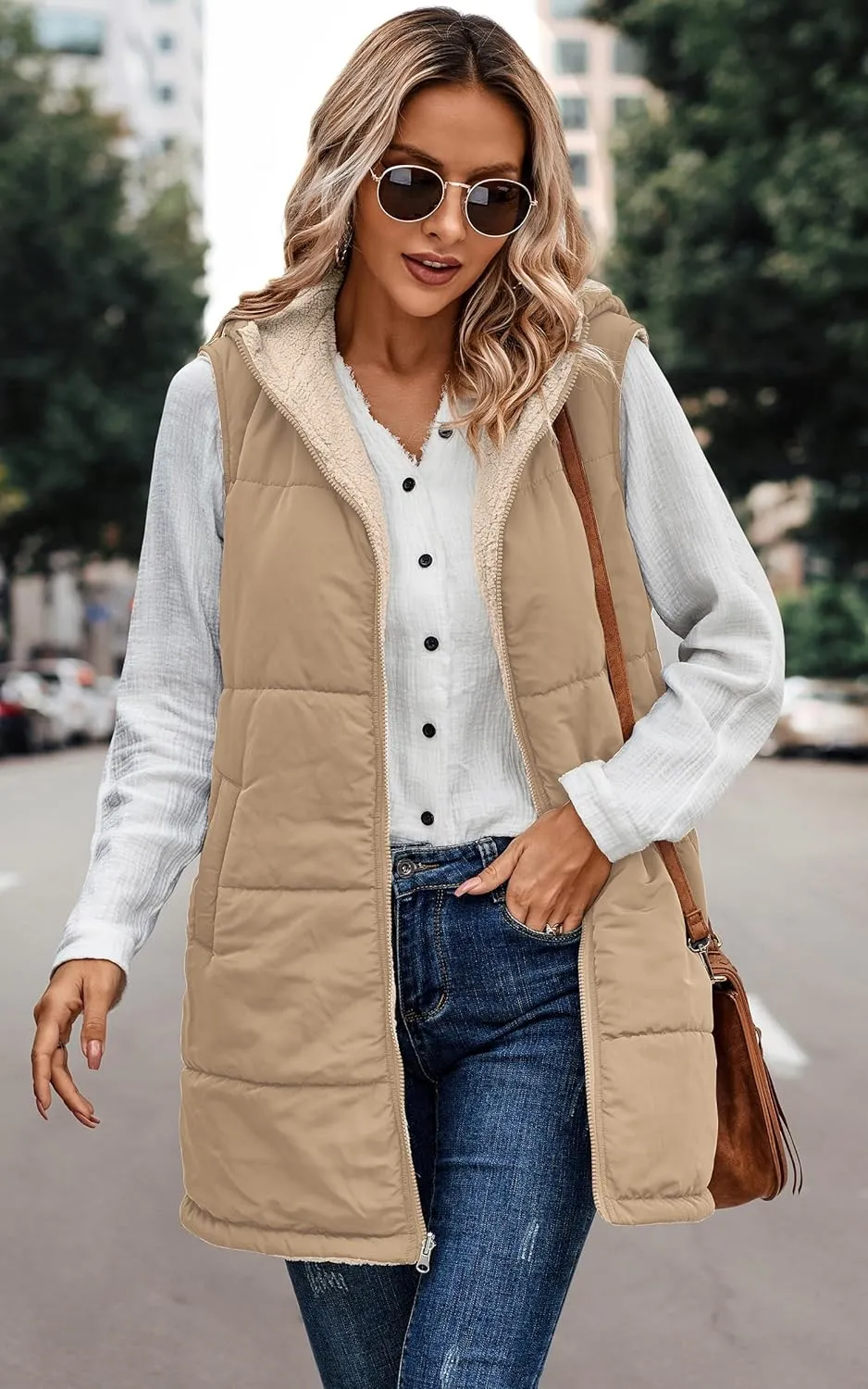 ECOWISH Women Long Puffer Vest: Fall Zip up Reversible Fleece Jacket 2024 Winter Warm Sleeveless Hooded Coat with Pockets