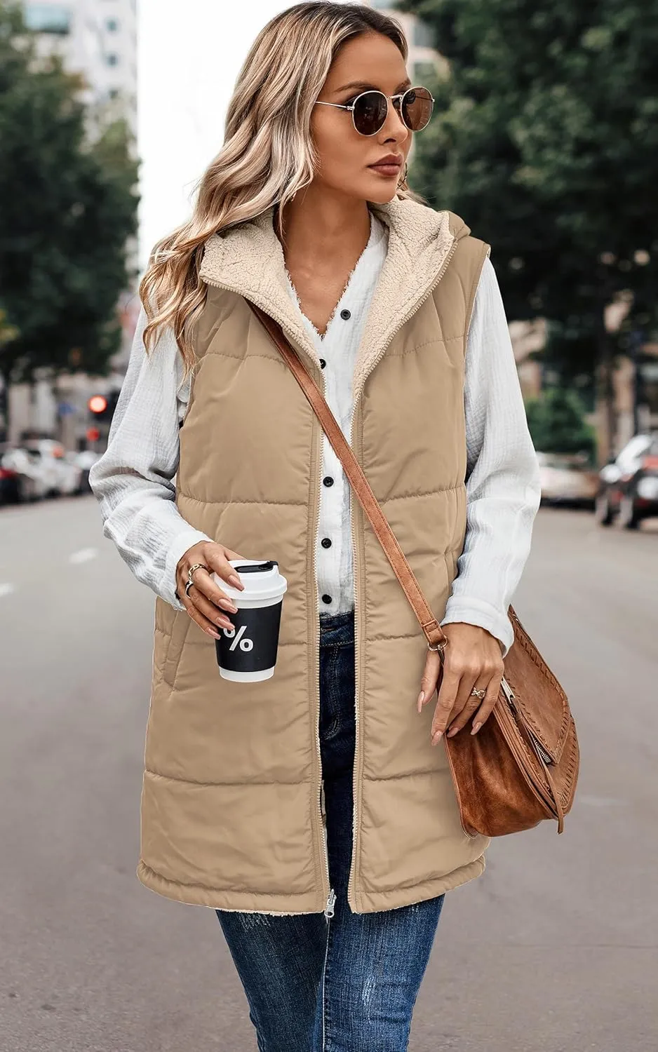 ECOWISH Women Long Puffer Vest: Fall Zip up Reversible Fleece Jacket 2024 Winter Warm Sleeveless Hooded Coat with Pockets