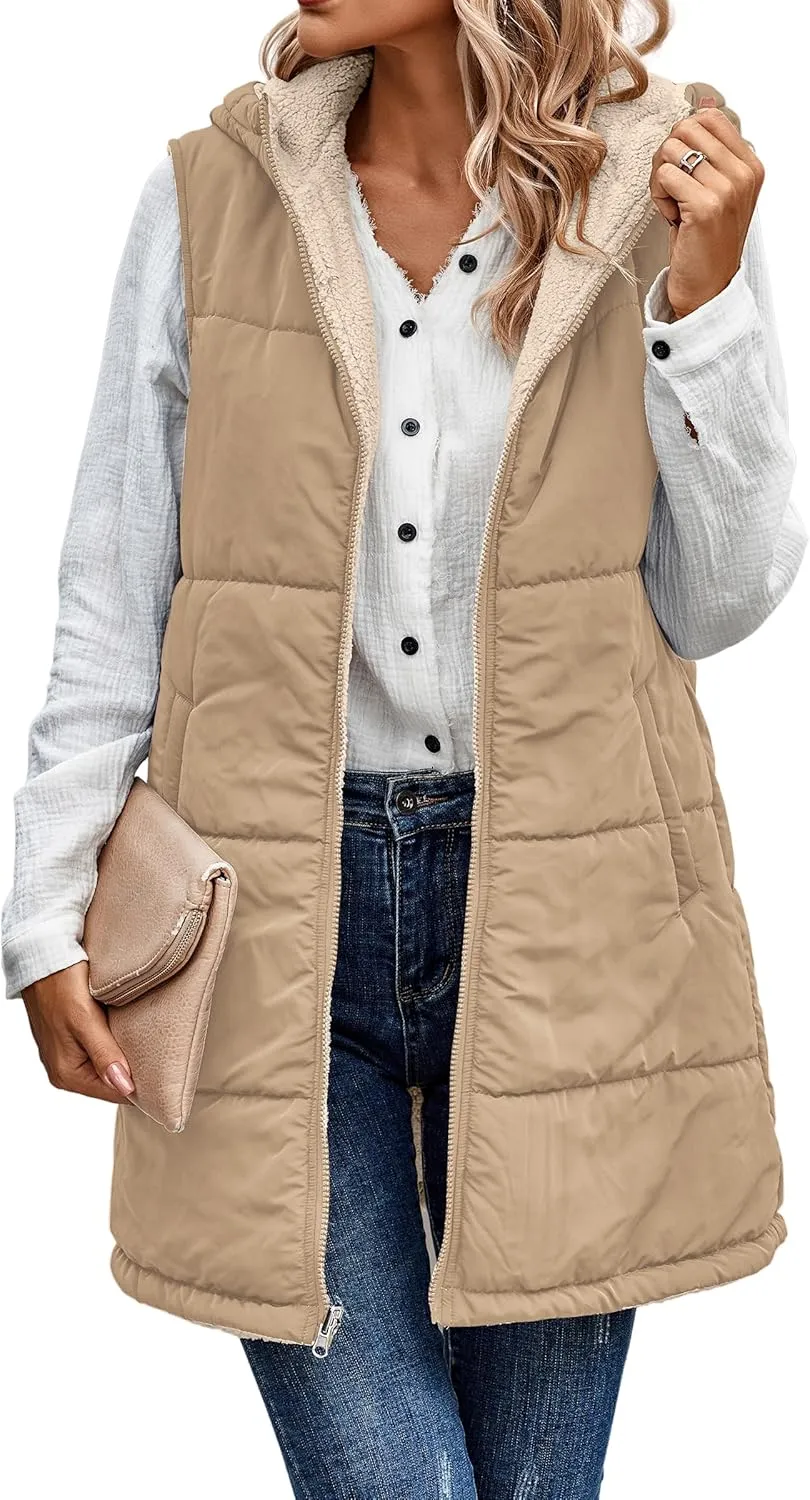 ECOWISH Women Long Puffer Vest: Fall Zip up Reversible Fleece Jacket 2024 Winter Warm Sleeveless Hooded Coat with Pockets