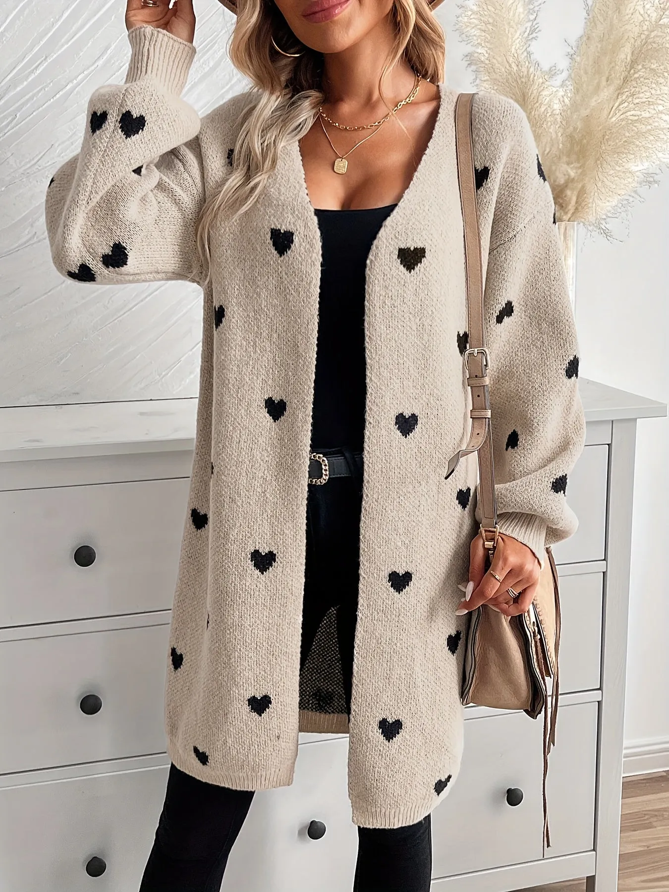 Elegant Heart Pattern Long Length Wool Knitwear Cardigan for Women | Ideal for Winter