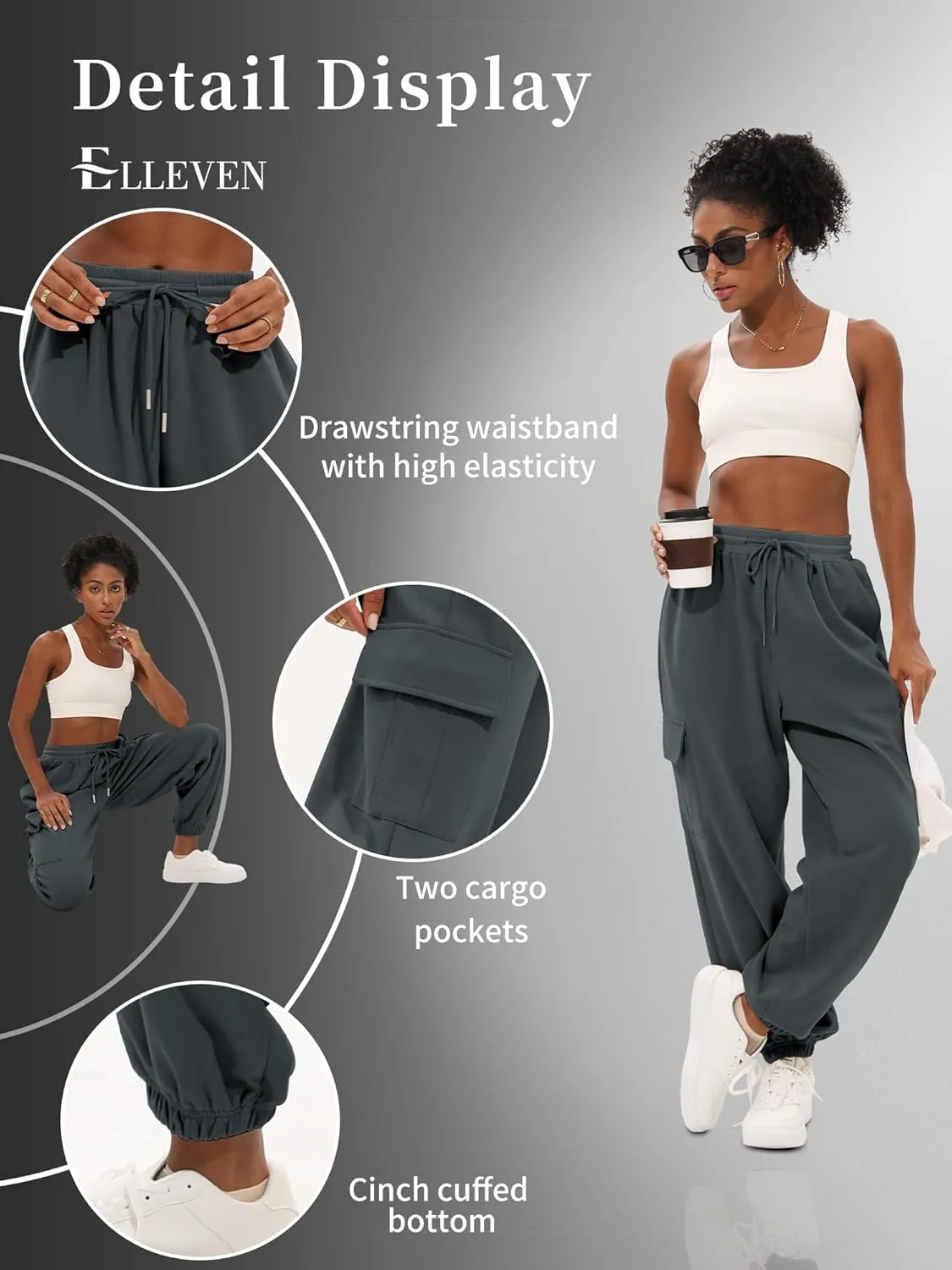 ELLEVEN High Waisted Sweatpants for Women - Baggy Cuffed Jogger with Cargo Pockets and Adjustable Drawstring