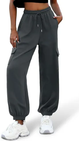 ELLEVEN High Waisted Sweatpants for Women - Baggy Cuffed Jogger with Cargo Pockets and Adjustable Drawstring