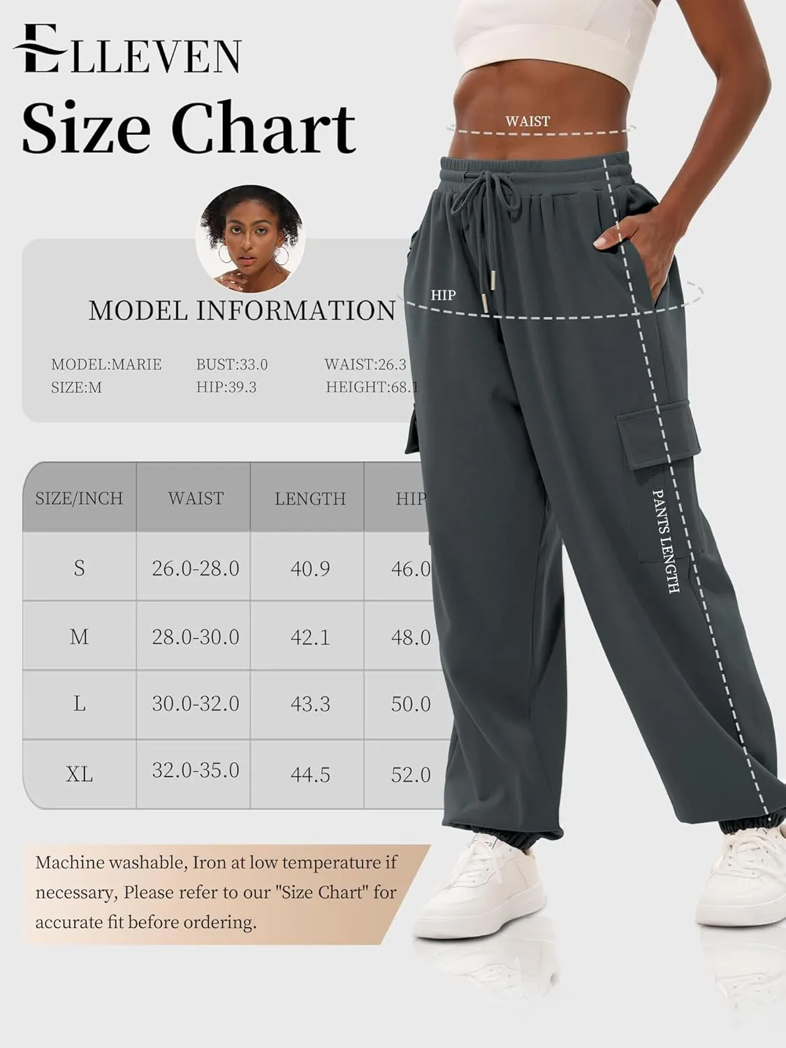 ELLEVEN High Waisted Sweatpants for Women - Baggy Cuffed Jogger with Cargo Pockets and Adjustable Drawstring