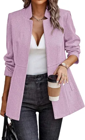 ELLEVEN Womens Open Front Herringbone Blazer-Business Casual Long Sleeve Work Jacket with Full Lining and Padded Shoulders