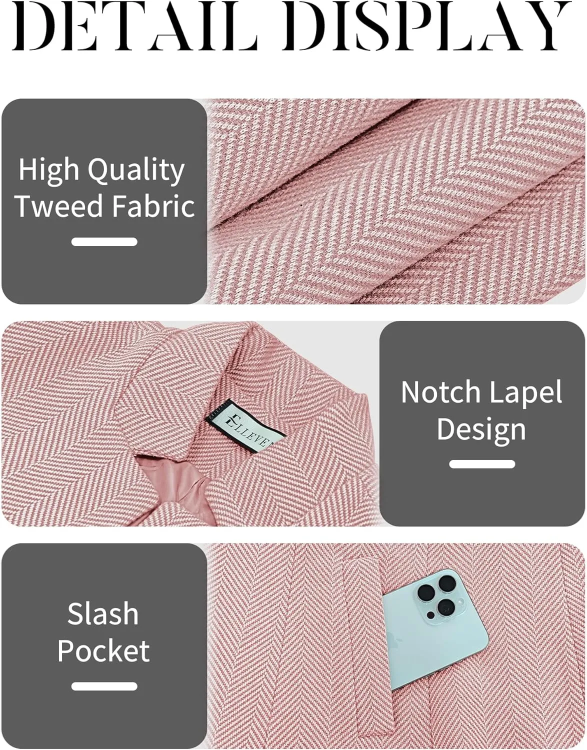ELLEVEN Womens Open Front Herringbone Blazer-Business Casual Long Sleeve Work Jacket with Full Lining and Padded Shoulders