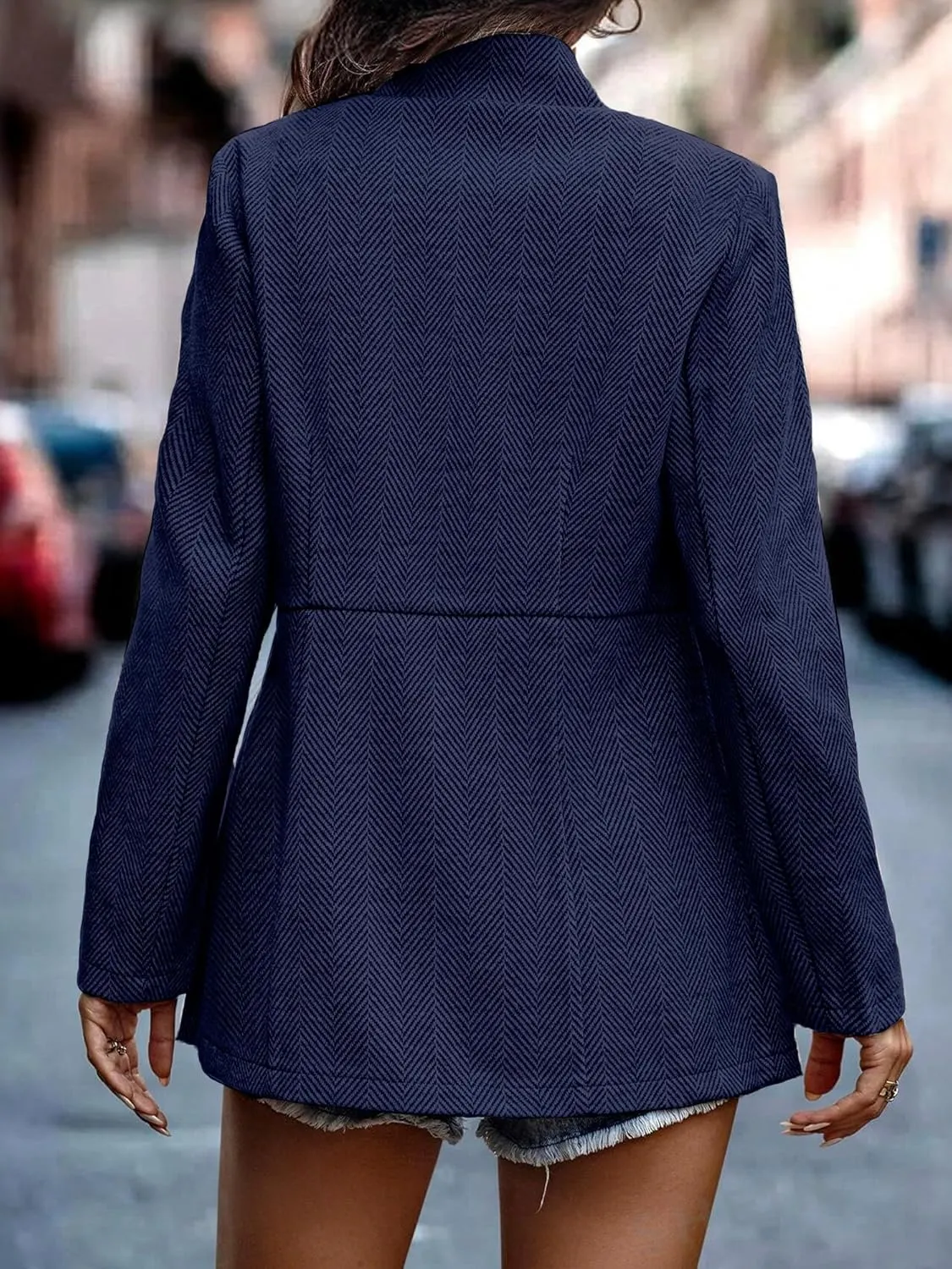 ELLEVEN Womens Open Front Herringbone Blazer-Business Casual Long Sleeve Work Jacket with Full Lining and Padded Shoulders