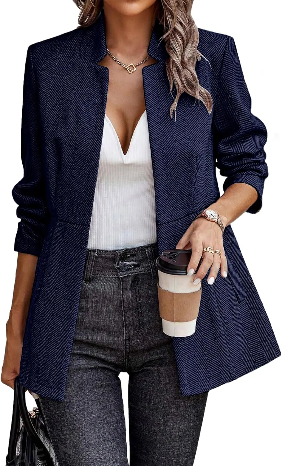 ELLEVEN Womens Open Front Herringbone Blazer-Business Casual Long Sleeve Work Jacket with Full Lining and Padded Shoulders