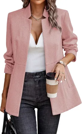ELLEVEN Womens Open Front Herringbone Blazer-Business Casual Long Sleeve Work Jacket with Full Lining and Padded Shoulders