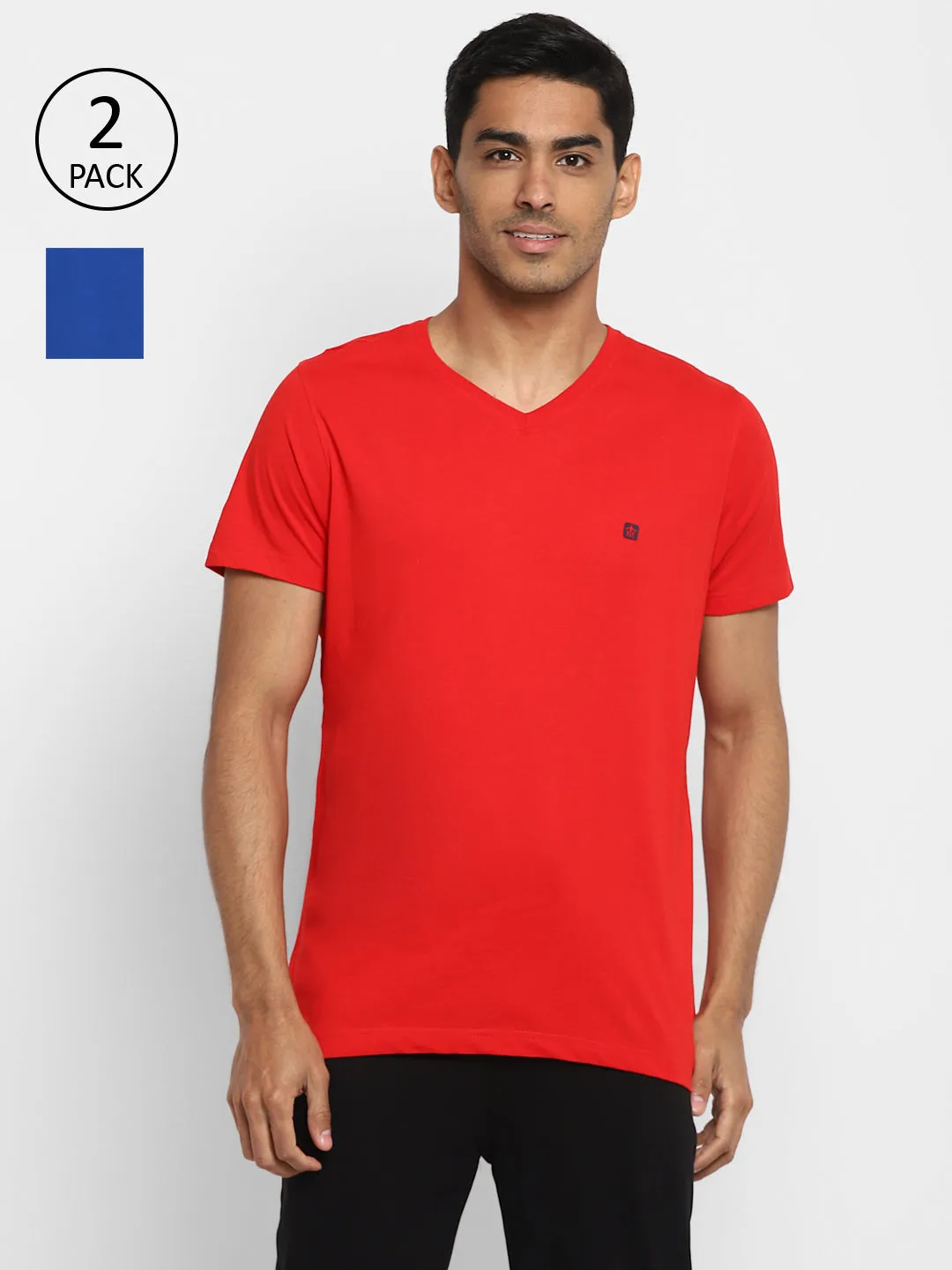 Essentials Red & Blue Solid V Neck T-Shirt (Pack of 2)