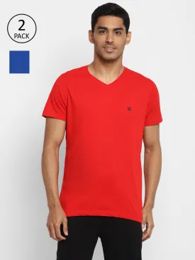 Essentials Red & Blue Solid V Neck T-Shirt (Pack of 2)
