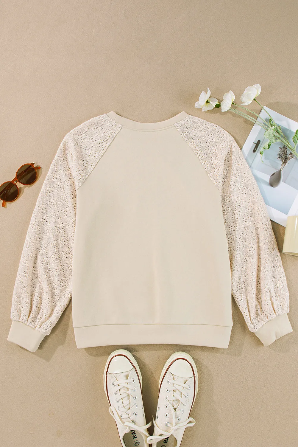 Eyelet Knit Raglan Sleeve Pullover Top